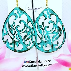 Turquoise Blue Filigree Patina Paint Earrings